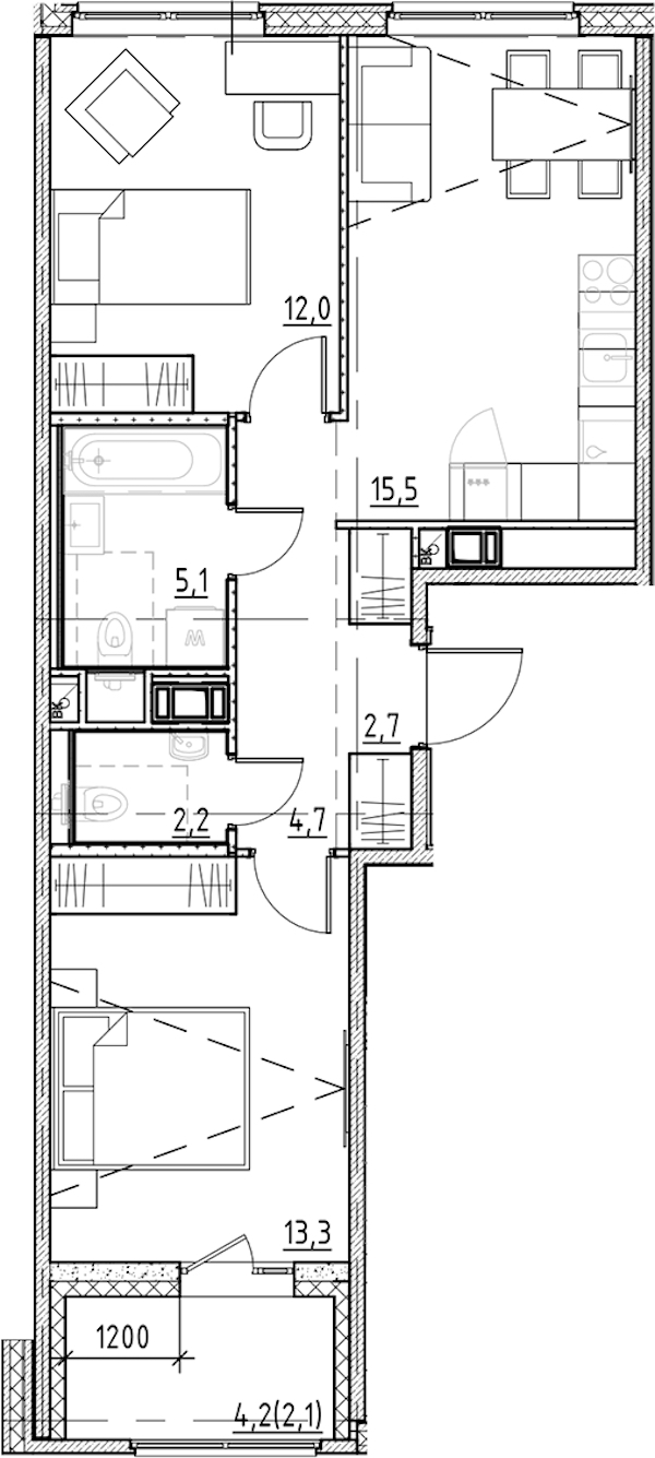 2-комнатная квартира 57.6 м², 3/8 эт., ЖК «Янила Форест»
